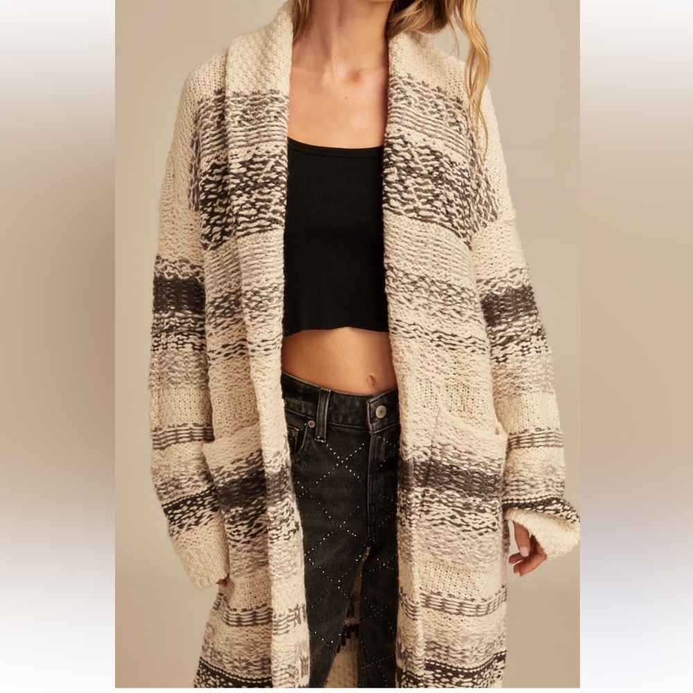 Lucky Brand Cream and Gray Striped Cardigan